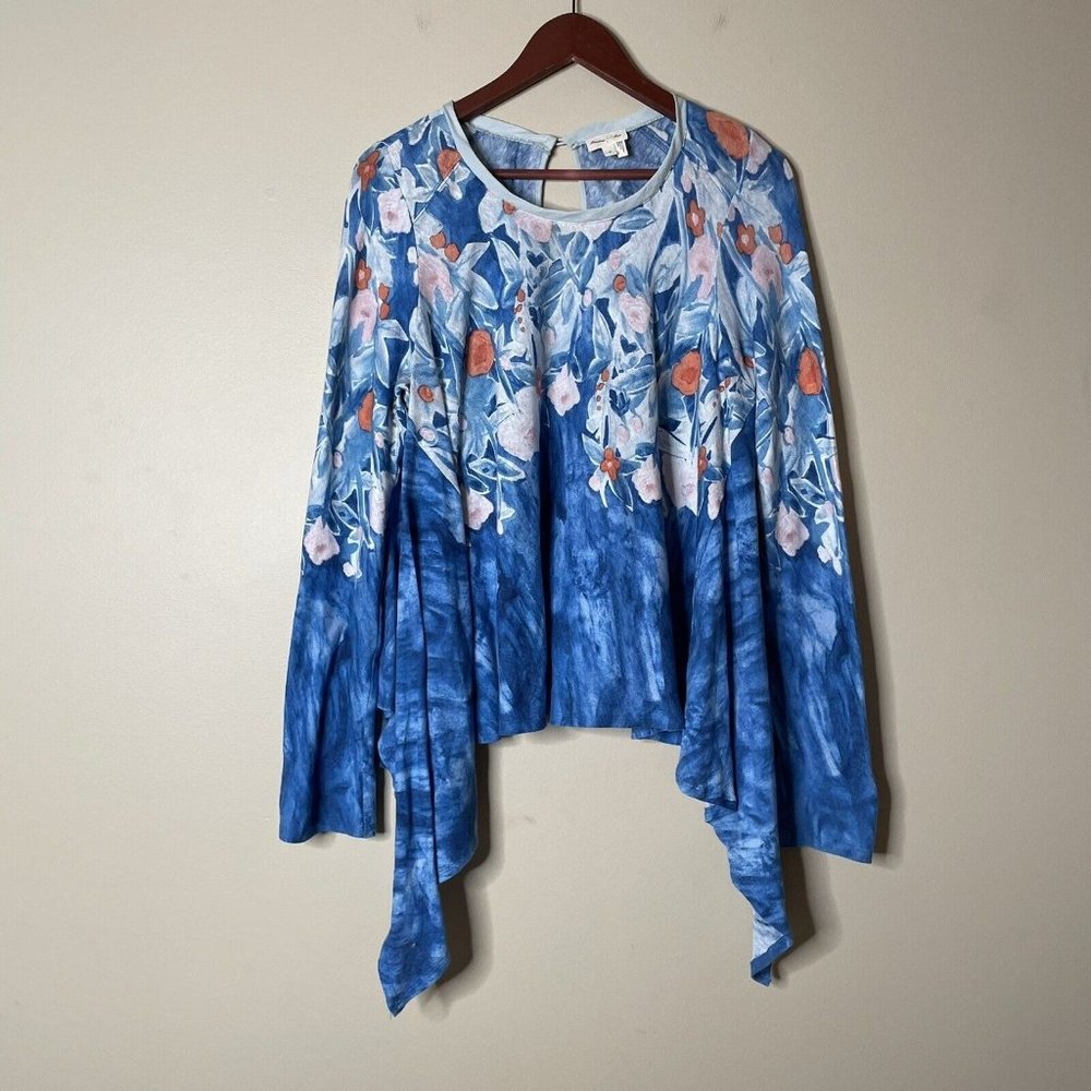 Meadow Rue Medium Anthropologie Linen Blend Floral Watercolor Hi Low Blouse Top